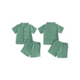 thumbnail image 2 of BemeyourBBs Toddler Baby Boy Summer Clothes 2 Pieces Cotton Linen Outfit Solid Color Mock Neck Short Sleeve Button Down Shirt and Shorts Set, 2 of 9