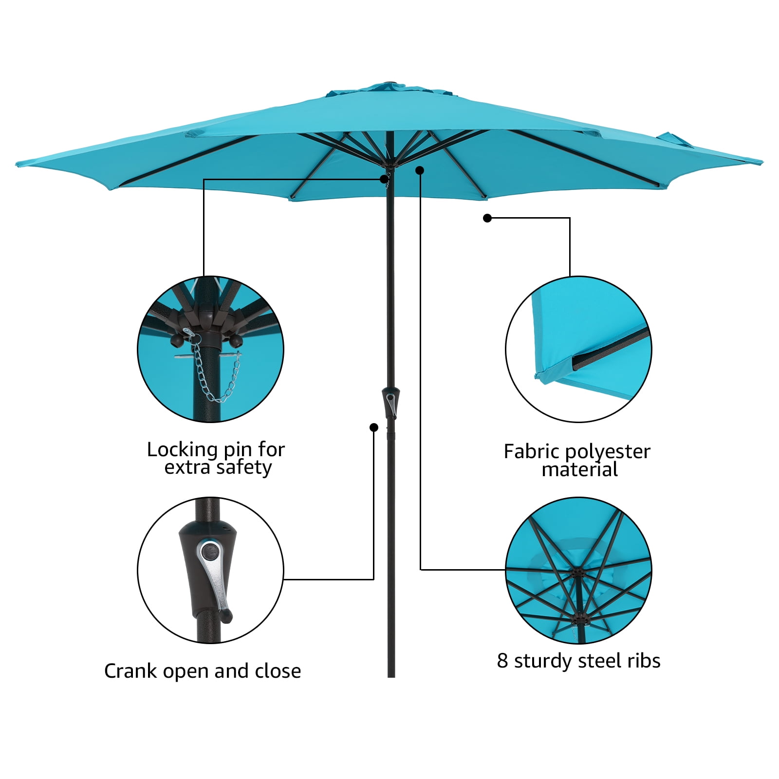 11' Patio Umbrella, Outdoor Table Market Large Umbrella with 8 Steel Ribs and Crank, Turquoise
