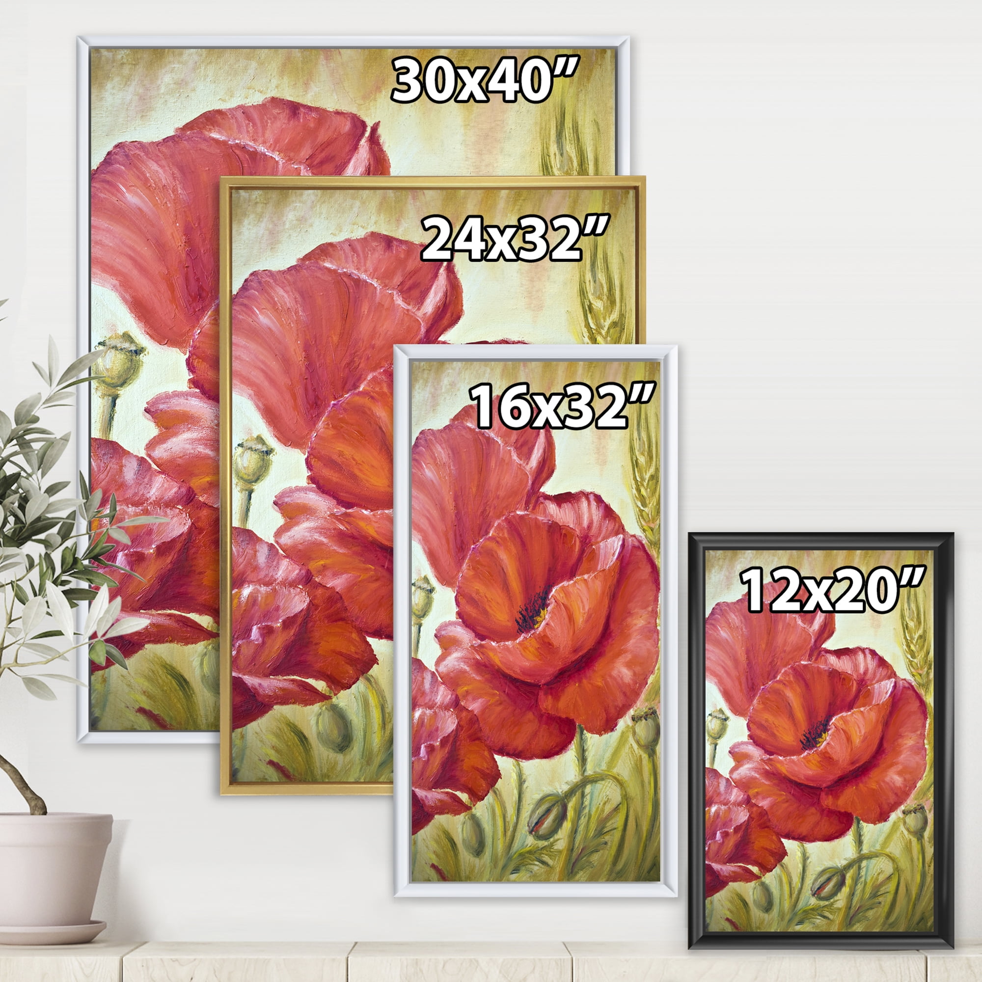 Designart 'Blossoming Red Poppies In Wheat Fields I' Traditional Framed Canvas Wall Art Print