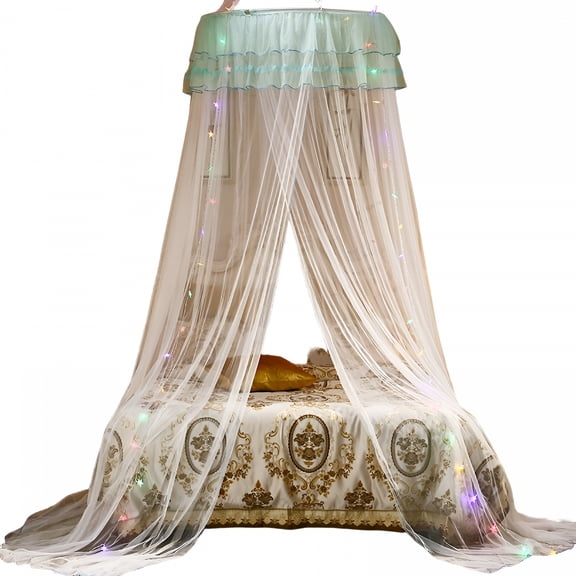 AUQ Led Lights for Girls Bedroom Mosquito Net Bed Canopy for Girls, Princess Round Hoop Sheer Bed Canopy, Dome Mosquito Netting Bed Tent Twin Girls Canopy Bed Decor for Baby Crib, Kid Bed