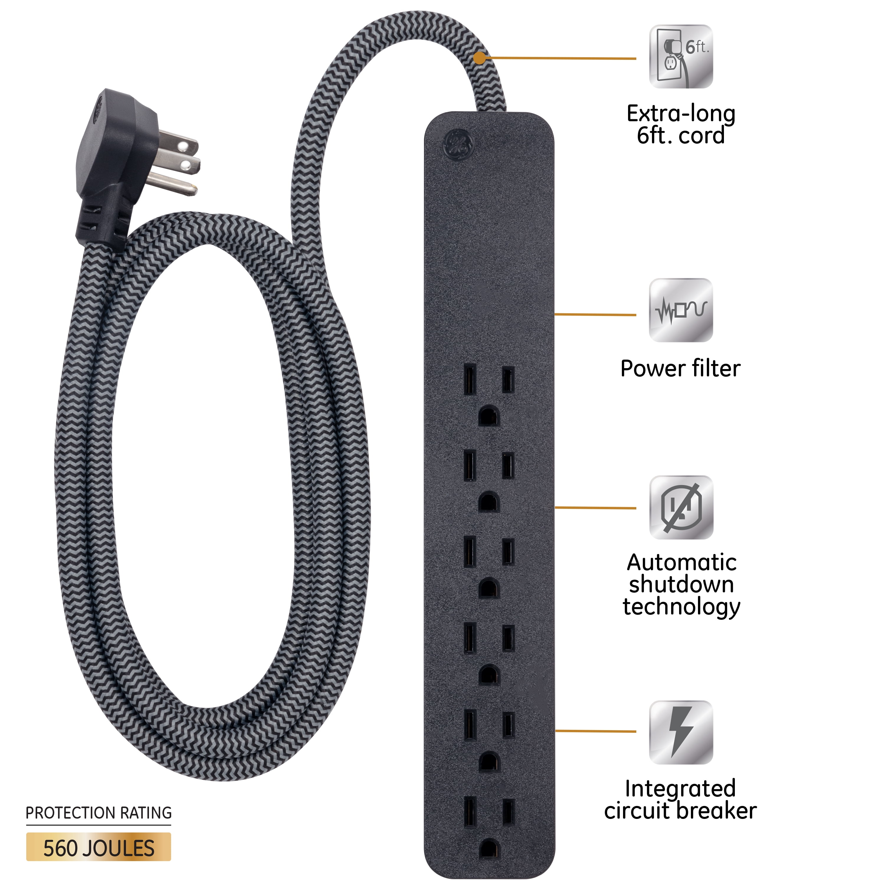 GE UltraPro 6 Outlet Surge Protector, 6 ft Braided Cord, Black, 45271