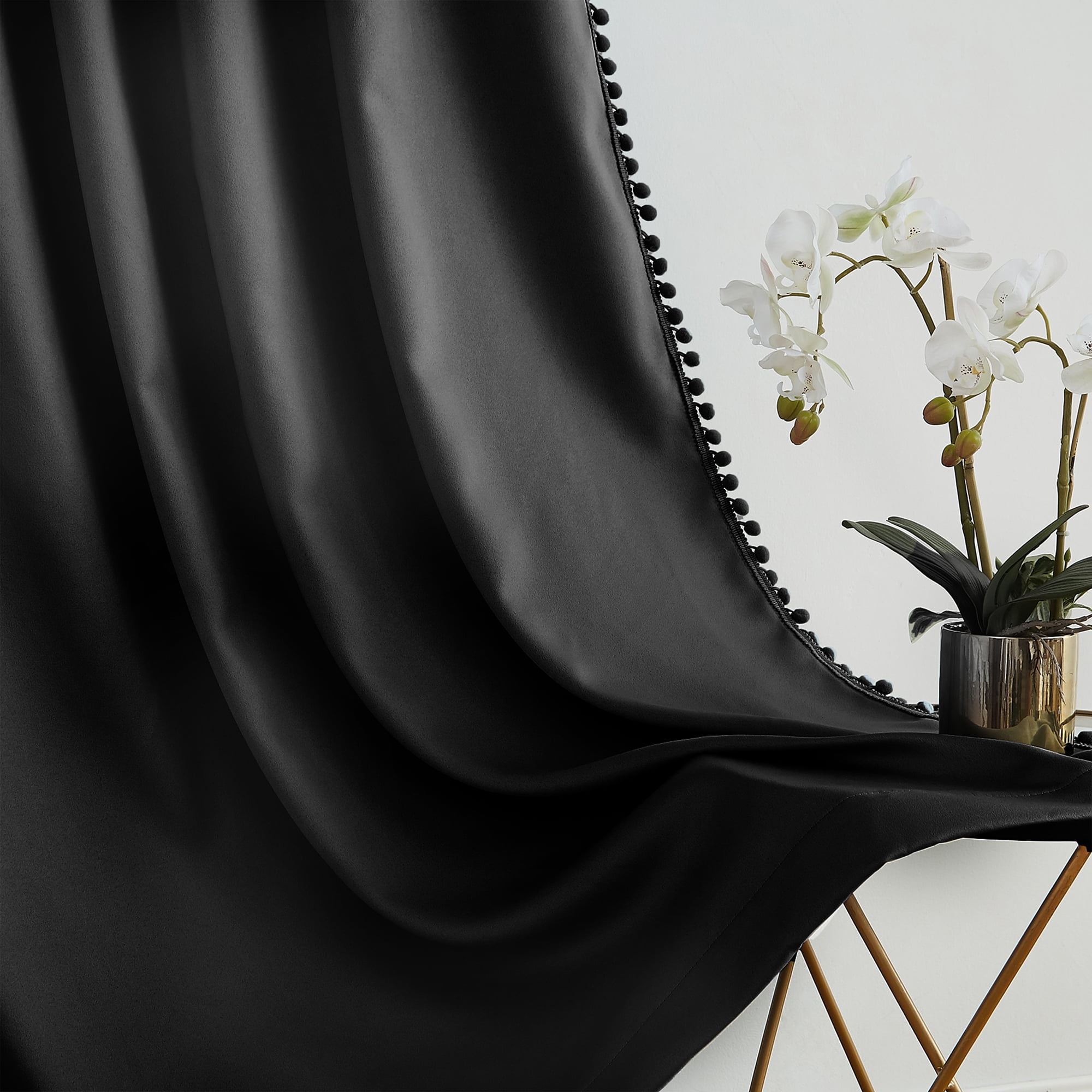 Exultantex Pompom Black Curtains Thermal Insulated Blackout Window Curtain Panels for Room Décor, 50"W x 54"L,Rod Pocket,2 Panels