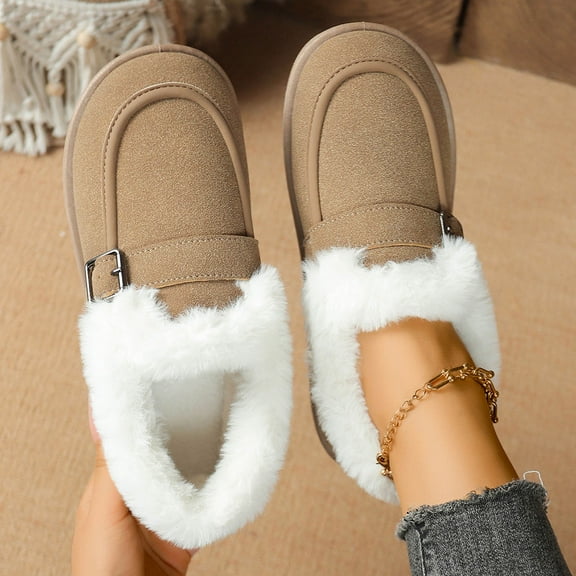 Cadancy Suede Loafers Women Winter Furry Lining Warm Flat Slip On Shoes Buckle Outdoor Indoor House Fashion Boots Cozy Soft Fleece Ankle Booties