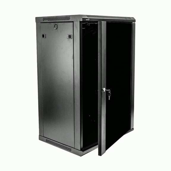 NavePoint 18U Server Rack Enclosure - 17.7” Deep, 18U Wall Mount Network Cabinet with Locking Glass Door for 19” IT Equipment, 18U Network Rack with 2 Fans, Removable Side Panels, Black