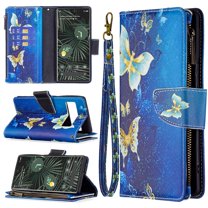 Dteck Wallet Phone Case for Google Pixel 6 Pro with Wrist Strap, Heavy Duty Zipper Purse Card Slots Wallet Cute Pattern Flip Folio Phone Case for Google Pixel 6 Pro, Blue Butterfly