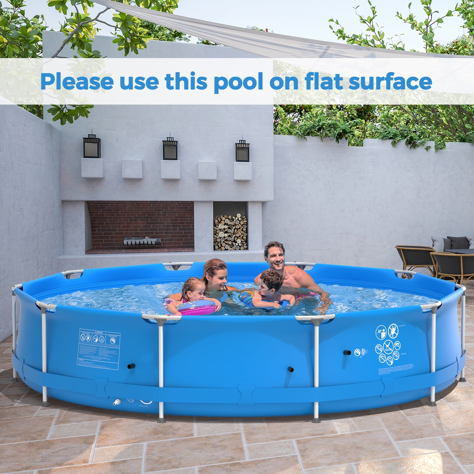 Infans Round Above Ground Swimming Pool Patio Frame Pool W/ Pool Cover Iron Frame Blue