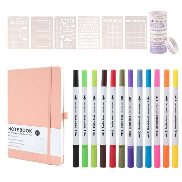 Kit de Diario Punteado, Cuaderno de Tapa A5 con Páginas Numeradas, Kit de Diario Punteado para Principiantes, Color Rosa