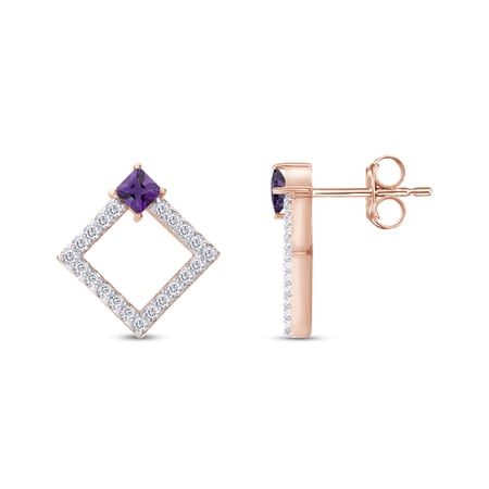 AFFY 1/3 Cttw Round Cut Natural White Diamond & Simulated Square Amethyst Geometric Stud Earrings In 14K Rose Gold Over Sterling Silver (0.33 Cttw I-J Color)