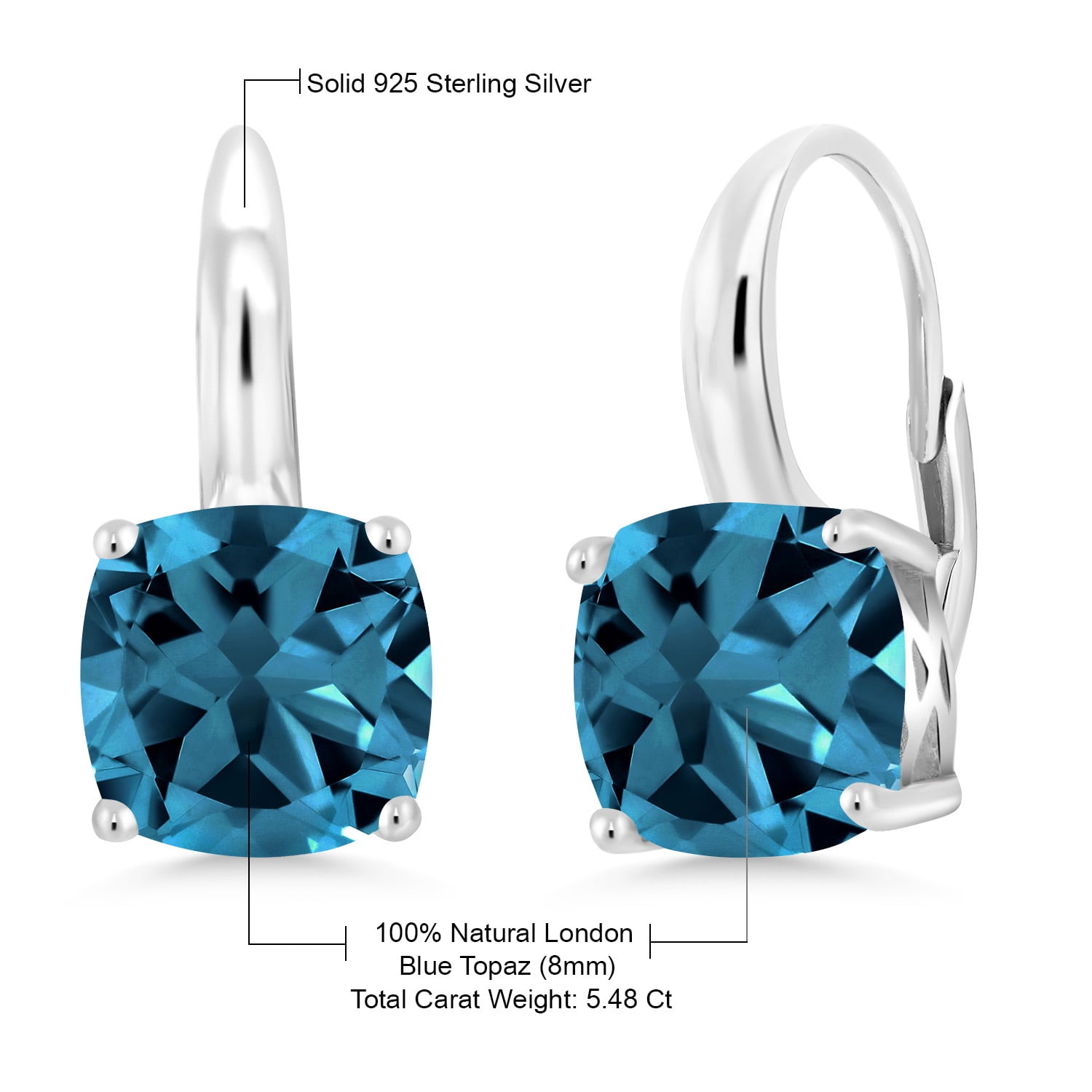 Gem Stone King 5.48 Cttw Natural Genuine London Blue Topaz Earrings in 925 Sterling Silver | Gemstone Birthstone | Cushion Cut 8MM | Dangle Earrings for Women