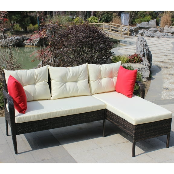 Outdoor patio Furniture sets 2 piece Conversation set wicker Ratten Sectional Sofa With Seat Cushions(Beige Cushion) 66894