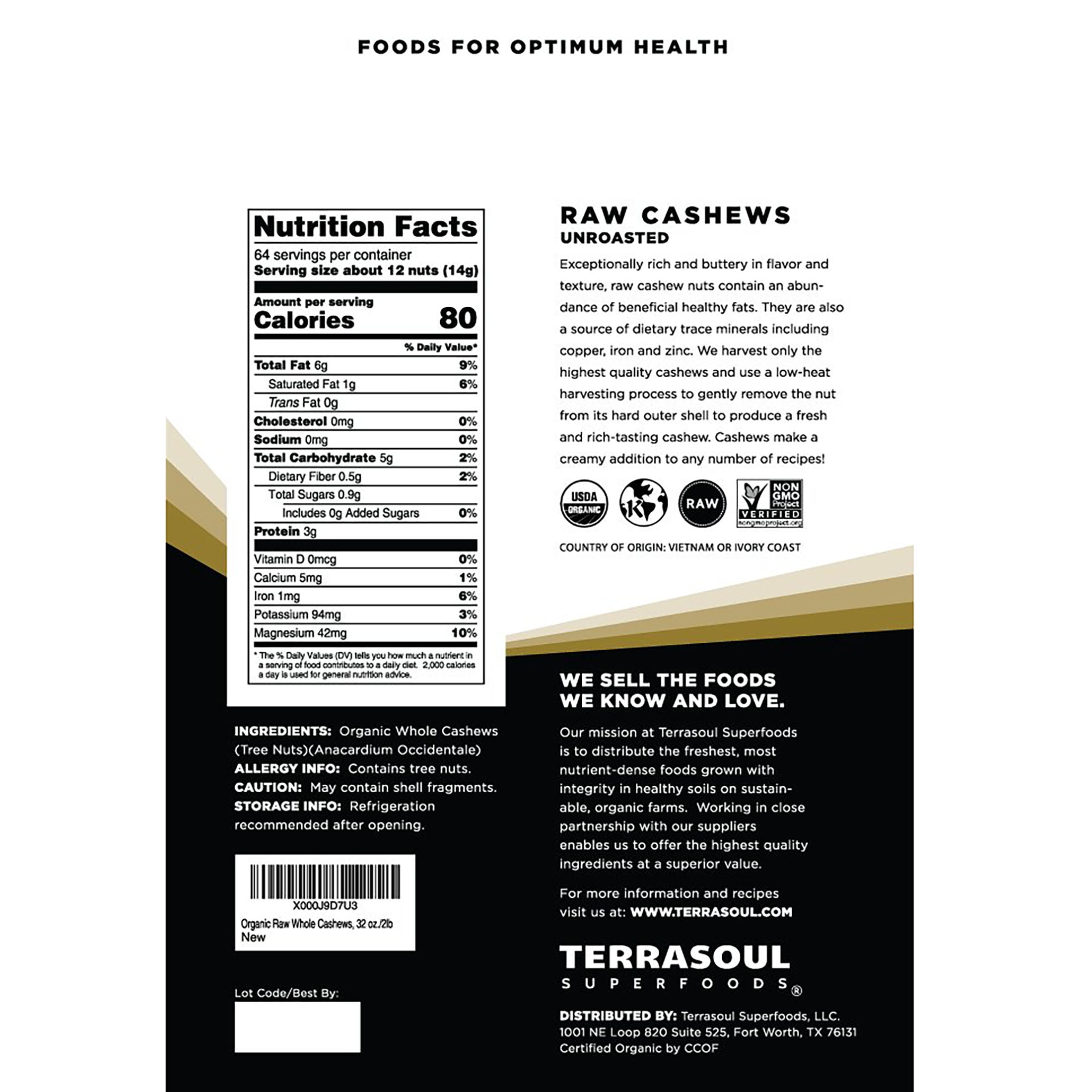 Terrasoul Superfoods Organic Raw Whole Cashews, 4 Lbs (2 Lbs 2-Pack) - Great for Snacking, Baking, and Culinary Creations