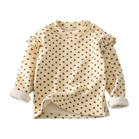 Otqutp Baby Lightweight Tops Kids Girl Polka Dot Flower Pattern Plus Thickened Turtleneck Top for Home Wear Outside for 1 To 9 Years(a-Khaki 3-4 Years)