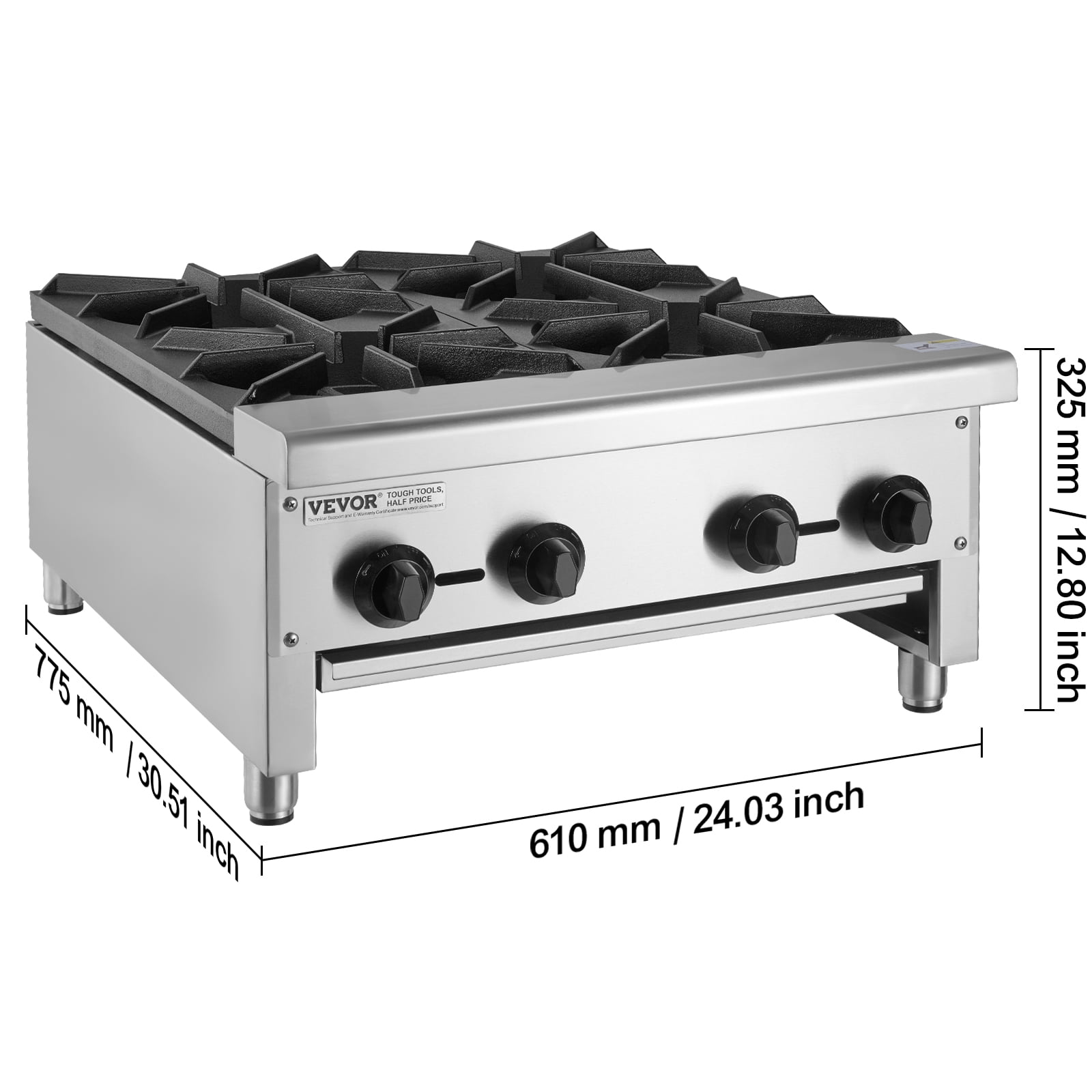 VEVOR Commercial Gas Stove with 4 Burners, Propane and Natural Gas Countertop Cooking Stove Range, Stainless Steel Gas Hot Plate, Commercial Cooking Equipment for Restaurant, 112,000 BTU