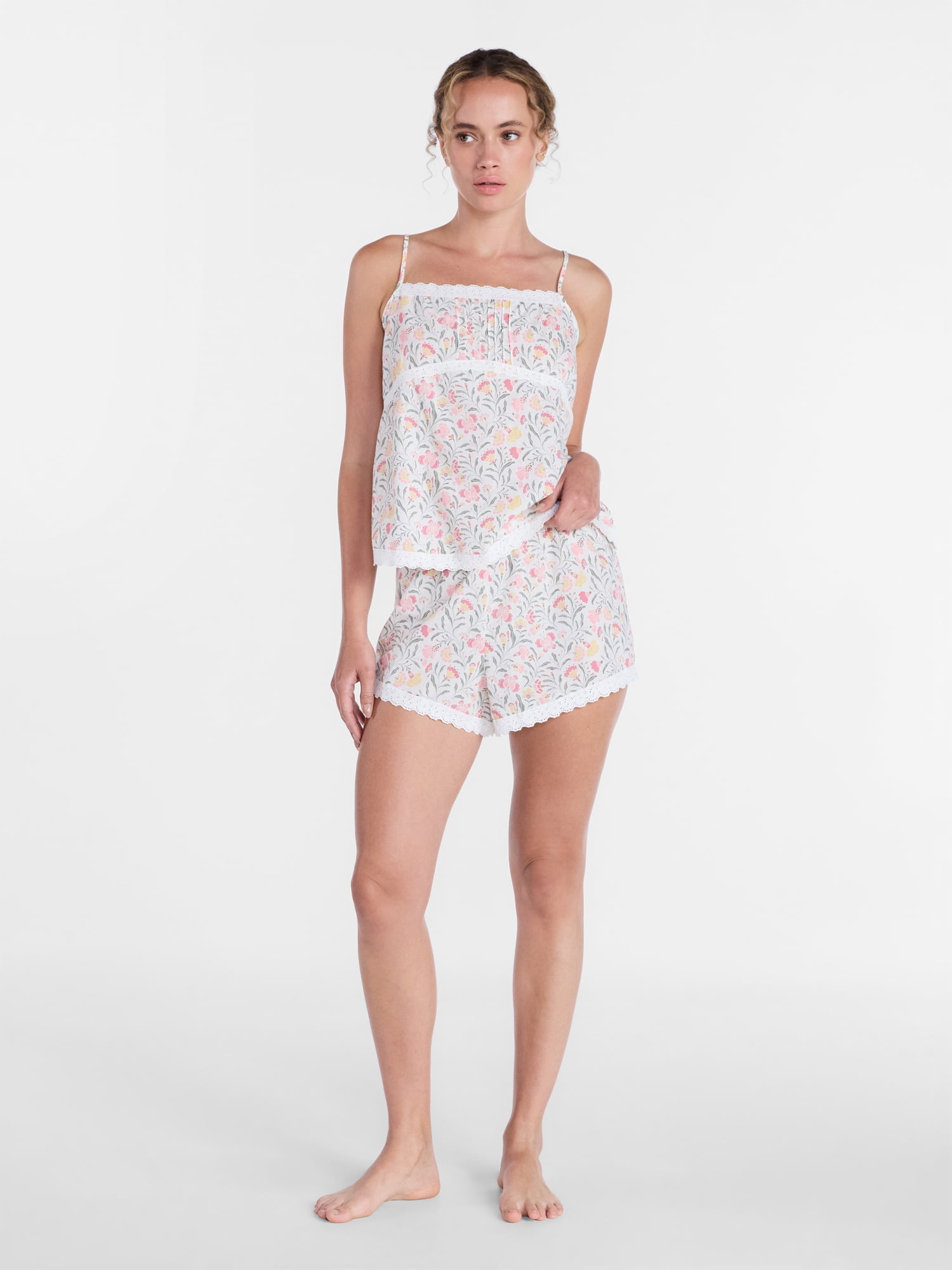 Joyspun Women's Sleep Cotton Cami and Shorts Set with Lace Trim, Sizes XS-3X
