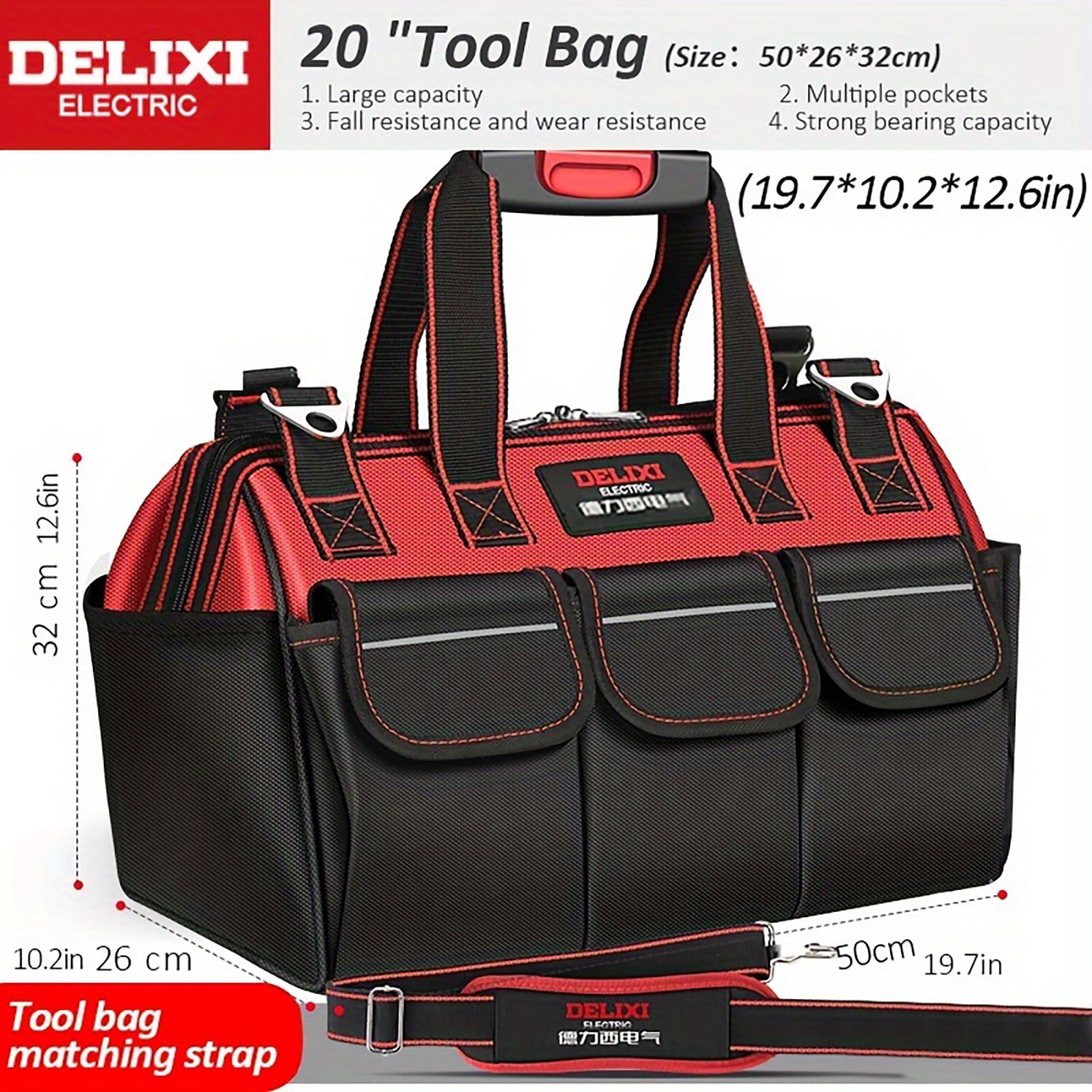 20 Inch Tool Bag with 14 Pockets, Heavy-Duty Organizer Tote with Shoulder Strap & Non-Slip Base for Tools