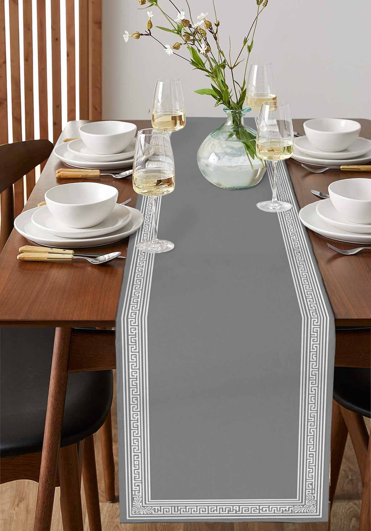 Grey White Geometric Burlap Cotton Table Runner 13x90 Inches Long, Country Greece Key Art Farmhouse Table Runners, Outdoor Dining Tablecloths Decor for Baby Shower/Party/Wedding