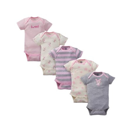 Gerber Organic Cotton Short Sleeve Onesies Bodysuits, 5 Pack (Baby Girls)