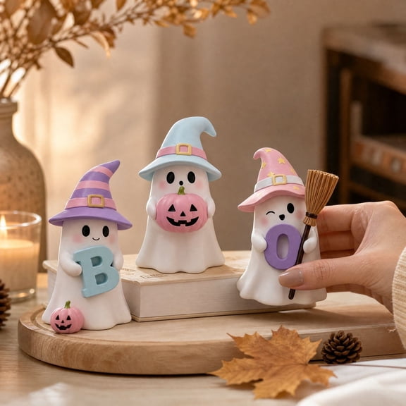 3 Pcs Pastel Halloween Ghost Figurines, Cute Pumpkin Ghost Sculpture Decor, Desktop Shelf Party Home Tabletop Ornaments