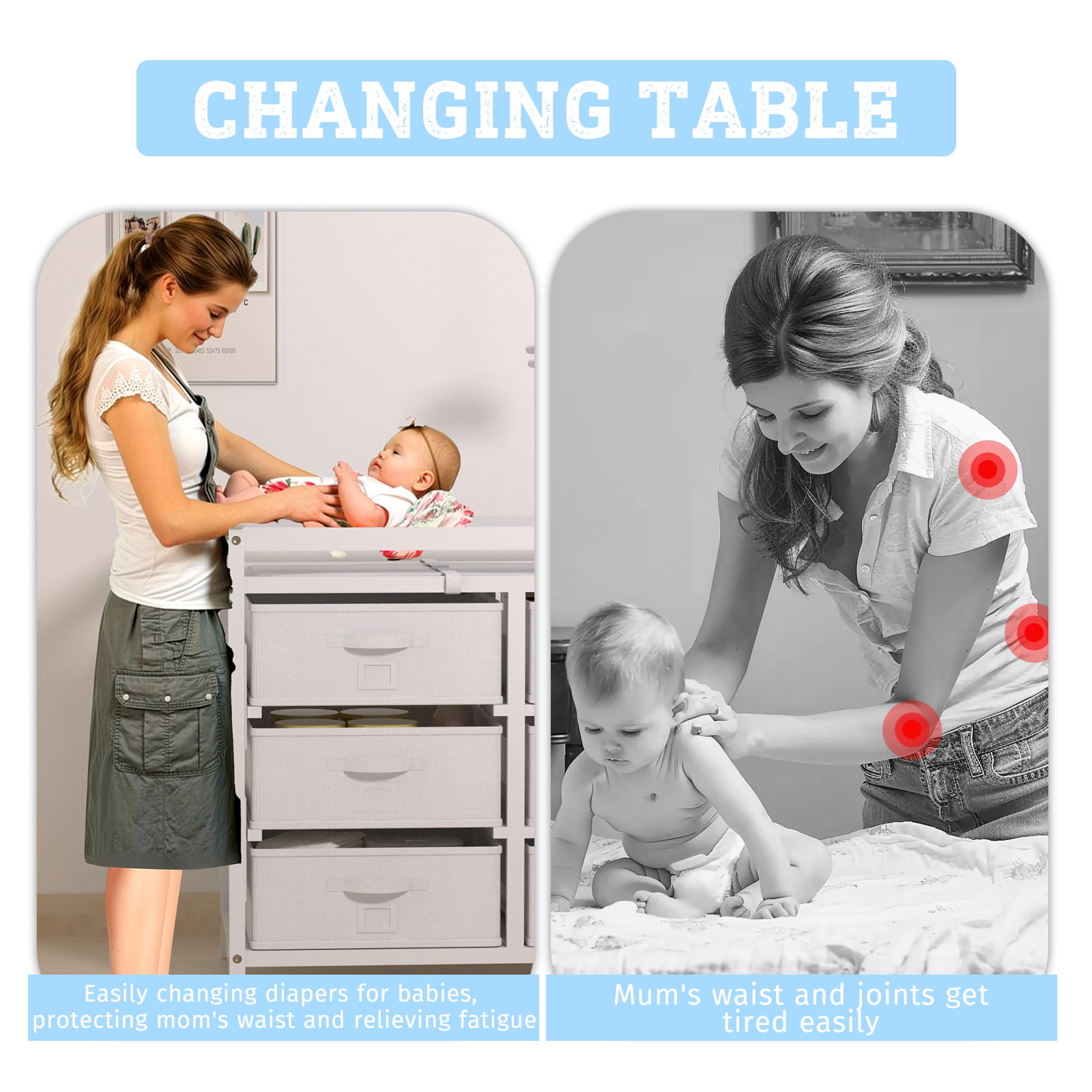 YUFU Baby Changing Table Diaper Changing Station with 6 Fabric Drawers Changing Pad, White