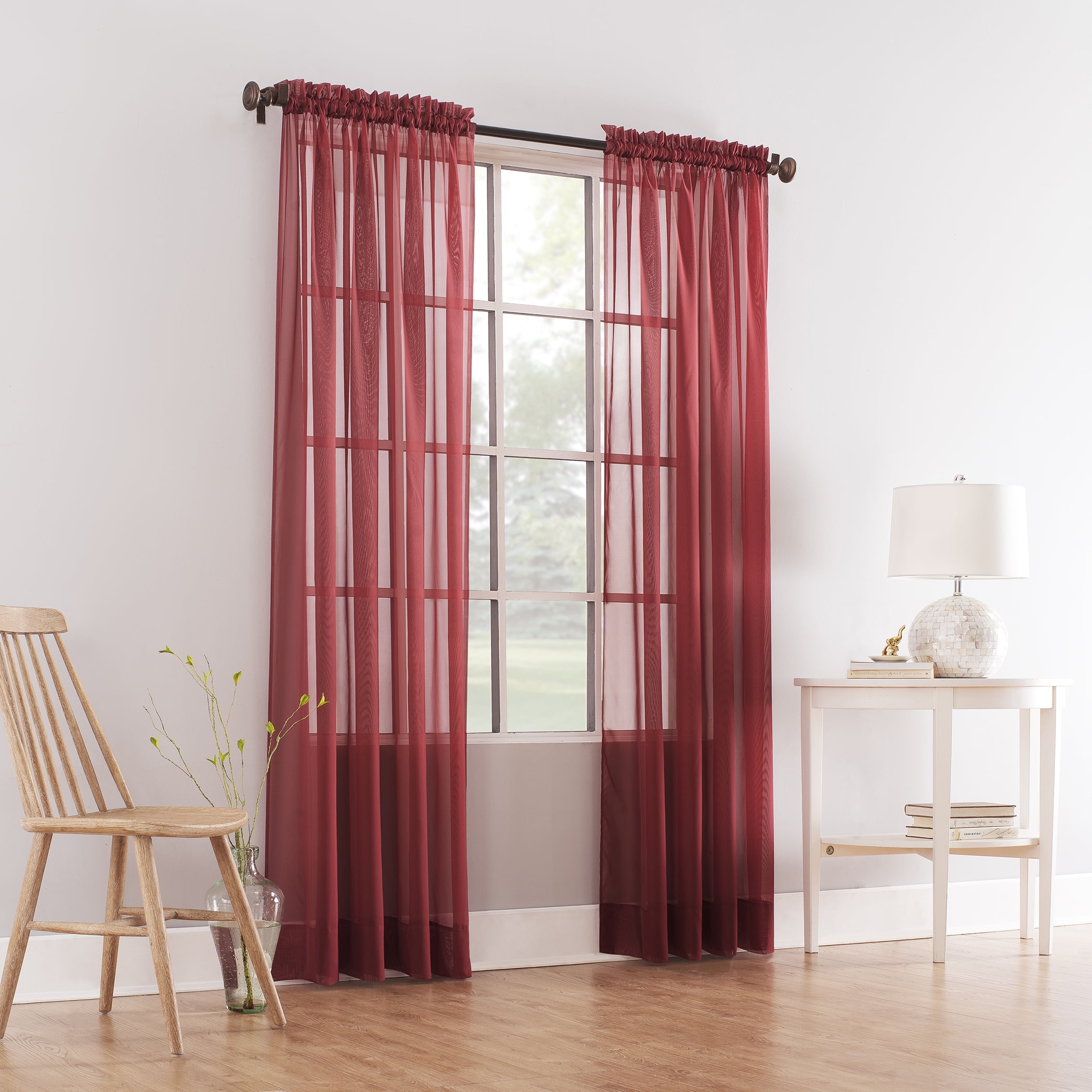 Sheer Curtain Panels|Wine Red Sheer Curtains for Living Room, Bedroom, Hand Block Printed Cotton Voile with Tieback | 18 x 18 | Saffron Marigold