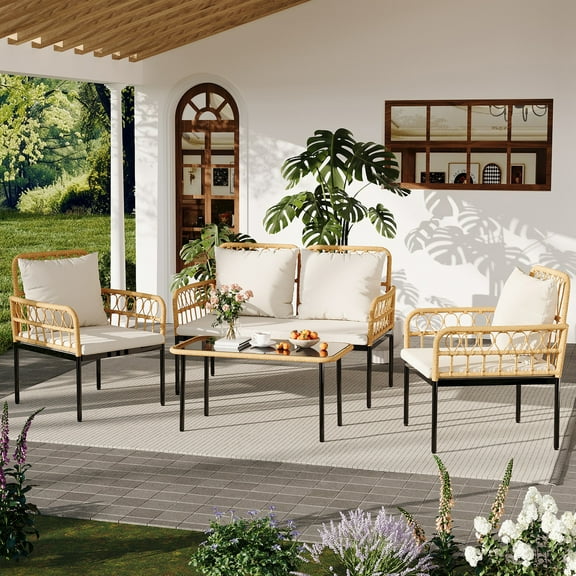 4 Piece Conversation Sets, Wicker Outdoor Furniture Sets, 1 Loveseat & 2 Chairs & 1 Table, Beige