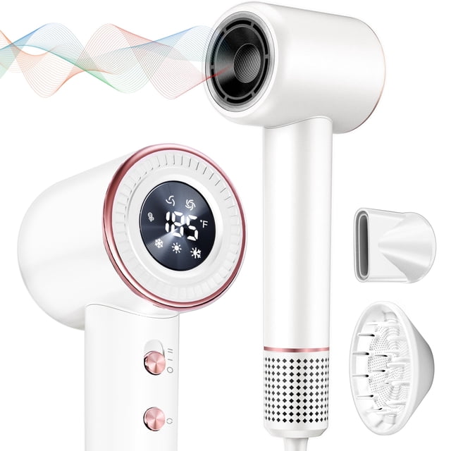 Rudd Hair Dryer with Diffuser, High Speed Hair Dryer with Display, 110000 RPM Brushless Motor for Fast Drying, 200 Million Negative Inoic Low Noise, White