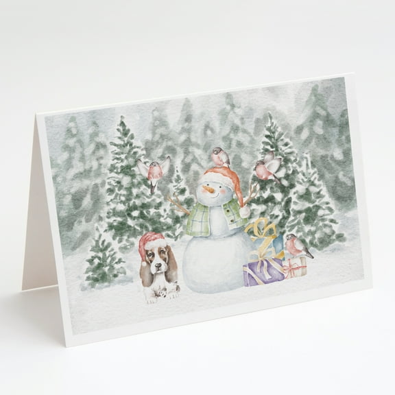Basset Hound Puppy Brown and White with Christmas Presents Greeting Cards and Envelopes Pack of 8 7 in x 5 in