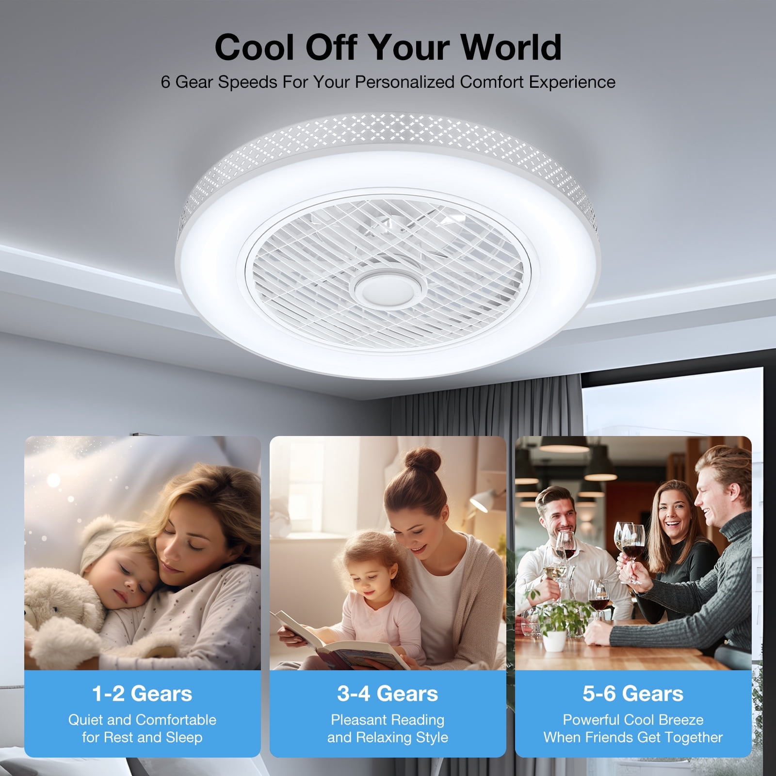 BLITZWILL 18 in Round Ceiling Fans with Lights, Dimmable Color Temperature and 6 Speeds, Remote & APP Control, Flush Mount Bladeless Reversible Motor, White