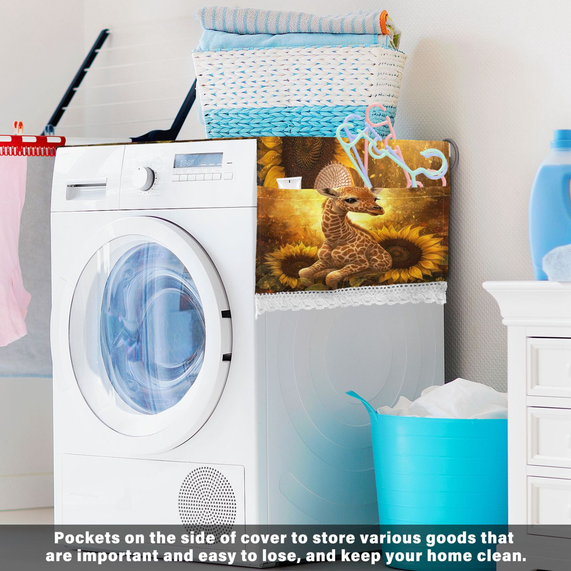WOBOGO Giraffe Sunflower Illustration Washing Machine Cloth Dryer Refrigerator Top Cover Protective Non-Slip Mat For Kitchen Laundry
