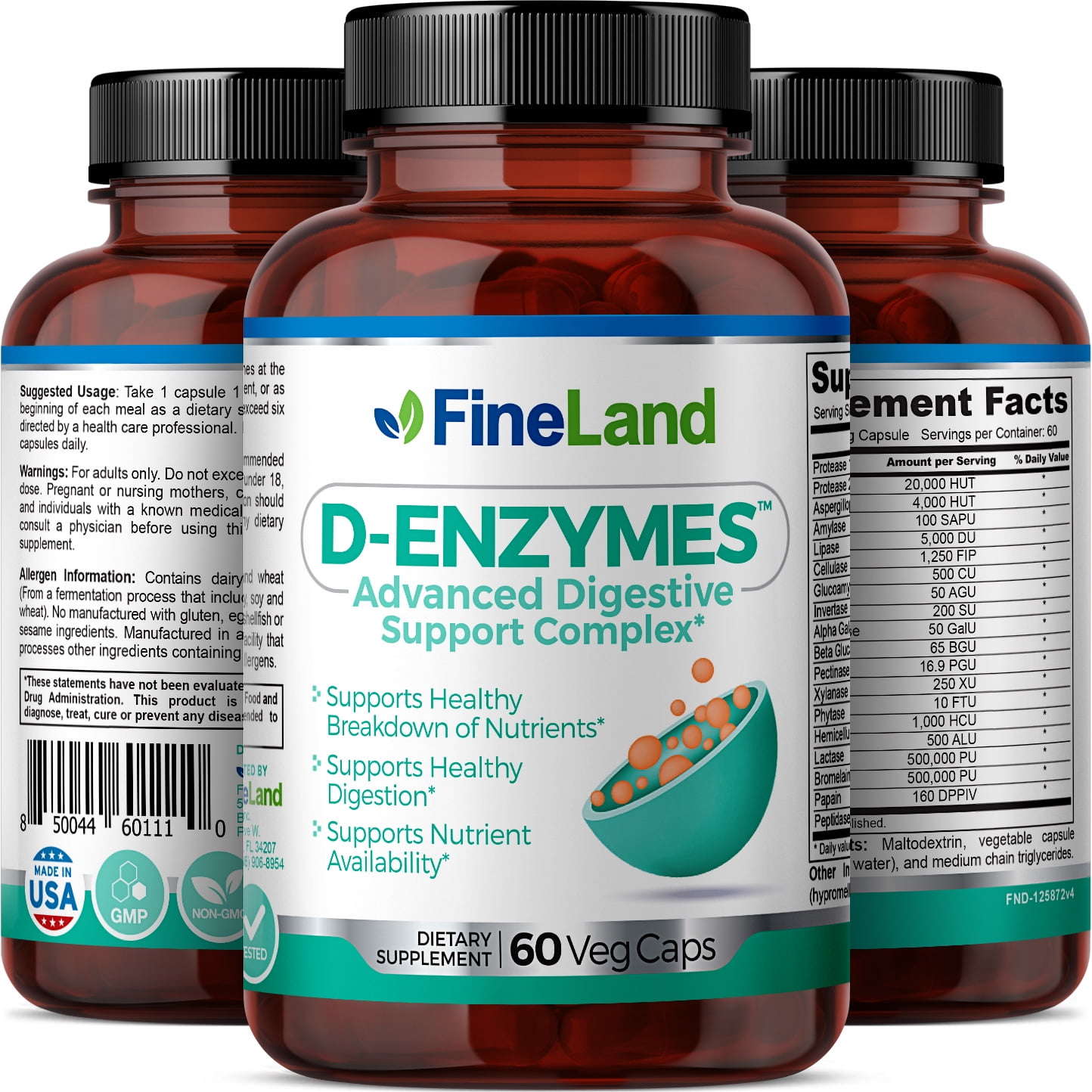 Fineland Vitamins D-ENZYMES Digestive Enzymes for Bloating, Gas, Indigestion, Vegan, Gluten-Free, 60 Count