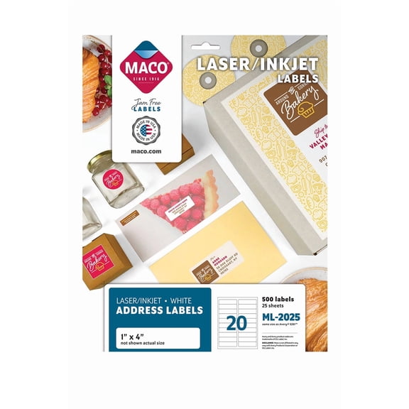 MACO Laser/Inkjet White Address Labels, 1" x 4", 20 per Sheet, 500 per Pack