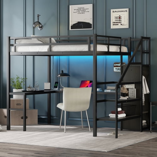 Leumius Metal Gaming Loft Bed with Wardrobe and Adjustable Shelf, Metal, 93.5''L x 57.5''W x 69.13''H, 173.06 LB, Black