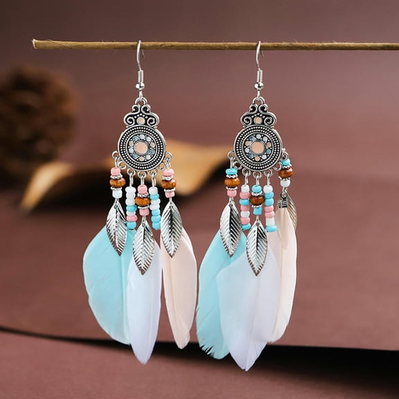 HOOUN Women's Bohemian Feather Earrings S925 Silver Hook Vintage Tassel Earrings-#2044 Light Multicolour