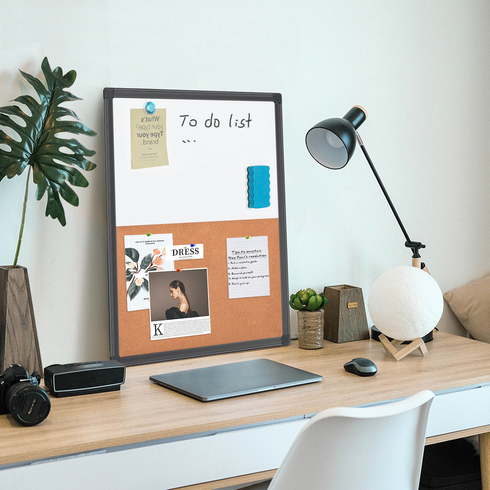 Combination White Board & Bulletin Cork Board Whiteboard Magnetic, Combo Dry Erase Board with Aluminum Frame Hanging Message Board Wall Mounted (24x18inch Black)