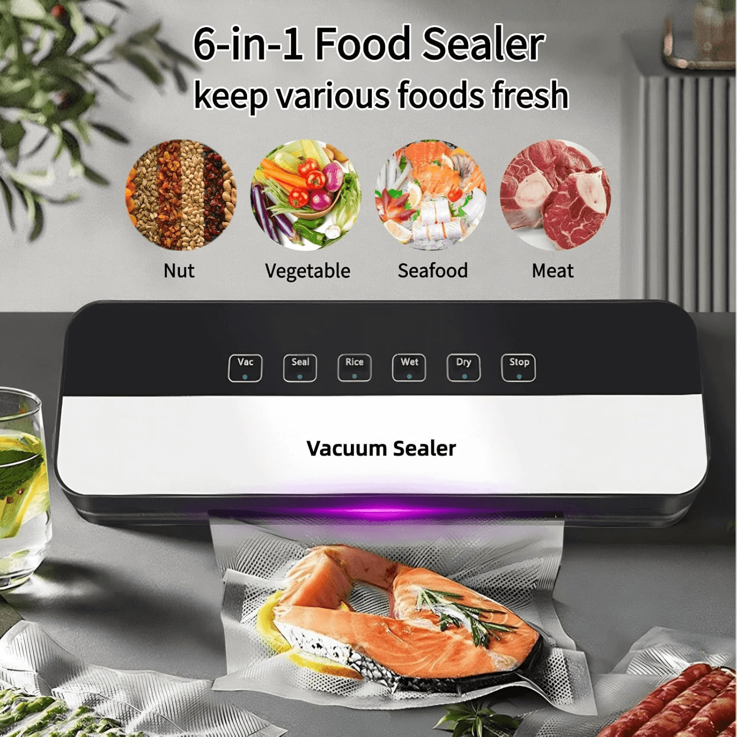 ANGAUSS Vacuum Sealer with 10Pcs Bags, Starter Kit for Dry & Moist Food Storage Sous Vide for Kitchen and 65Kpa Food Sealer Machines with 5 Modes, Dry/Wet/Draw/Seal/Vac