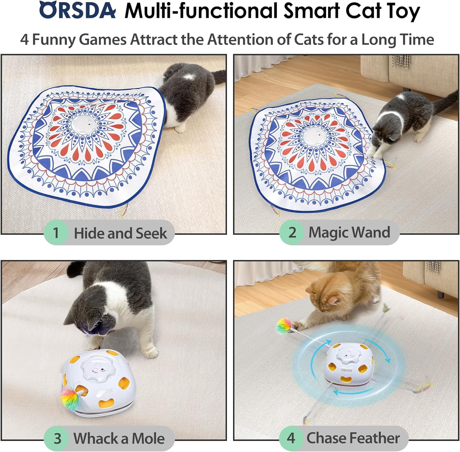 ORSDA Cat Toys Rechargeable, 4in 1 Interactive Kitten Toy for Indoor Cats, Automatic Hide and Seek Self Play Cat Feather Wand Toy with Smart Sensing, Whack a Mole, Chase Feather for All Breeds