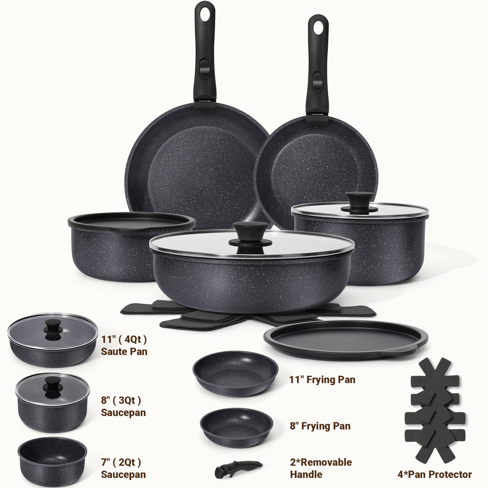 15-Piece Nonstick Cookware Set with Removable Handles, Oven Safe & Induction Compatible - Black Pots and Pans Set Includes Fry Pan, Saucepan