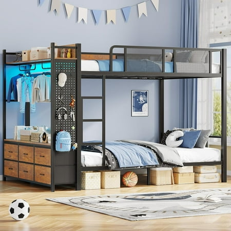 Full Size Metal Bunk Bed with Storage & Wardrobe, Full Over Full Bunk Bed with Charging Station, Pegboard, 6 Drawers & Open Shelf, Safety Guard & Ladder, Saving Space, Max load 400lb, Rustic Brown