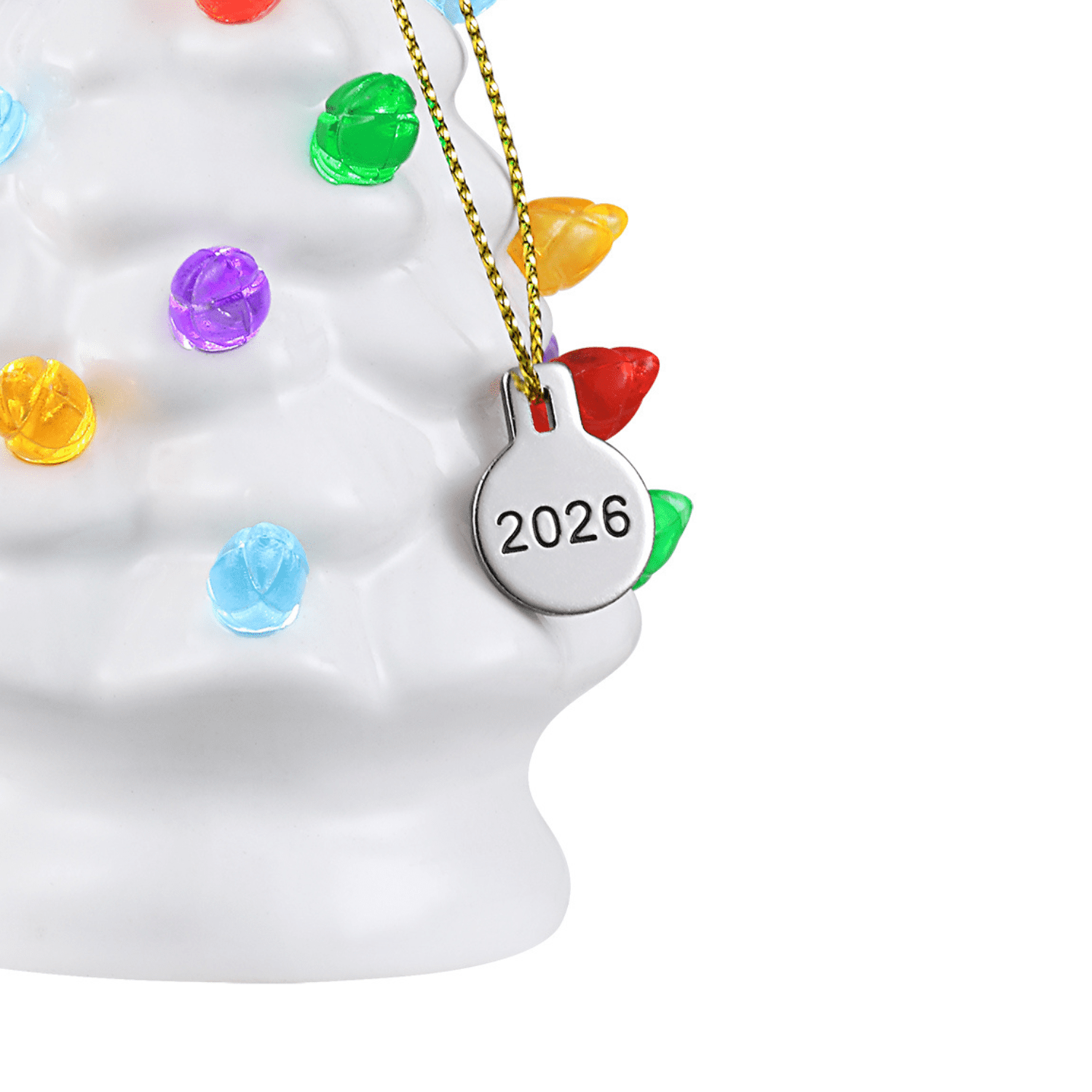 Mr. Christmas 4" Nostalgic Ceramic Lit Tree Ornament Decoration, White with Red & Green Bulbs