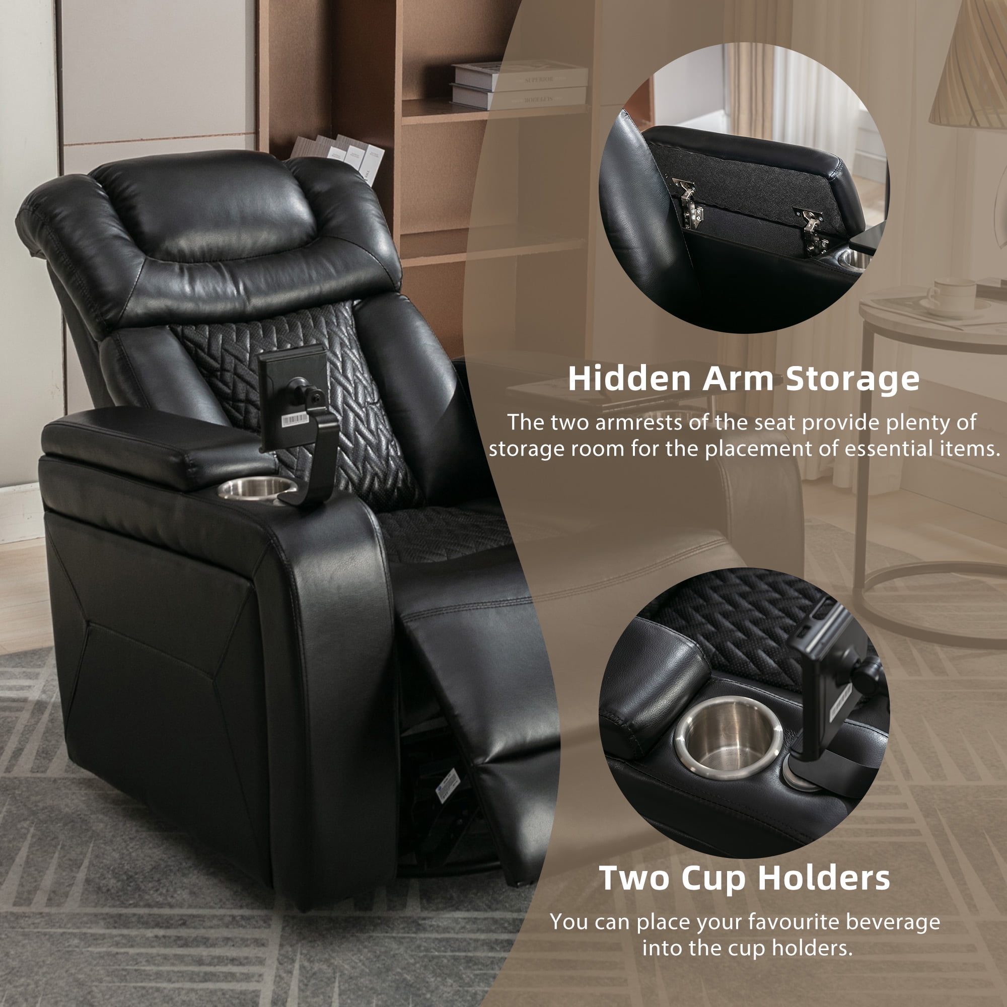 Euroco 270 Degree Swivel PU Leather Power Recliner Individual Seat Home Theater Recliner with Tray Table, Phone Holder, Cup Holder, USB Port, Hidden Arm Storage for Living Room, Black