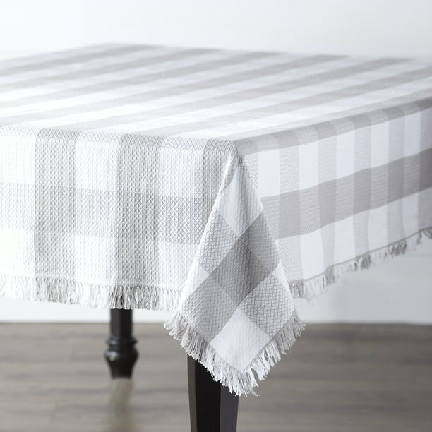 Farmhouse Plaid Cotton Tablecloth with Frayed Edges 60" x 90" Gray