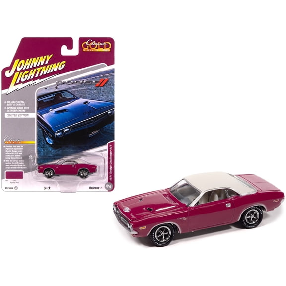1971 Dodge Challenger R/T Panther Pink with White Top and Interior 1/64 Diecast Model Car by Johnny Lightning