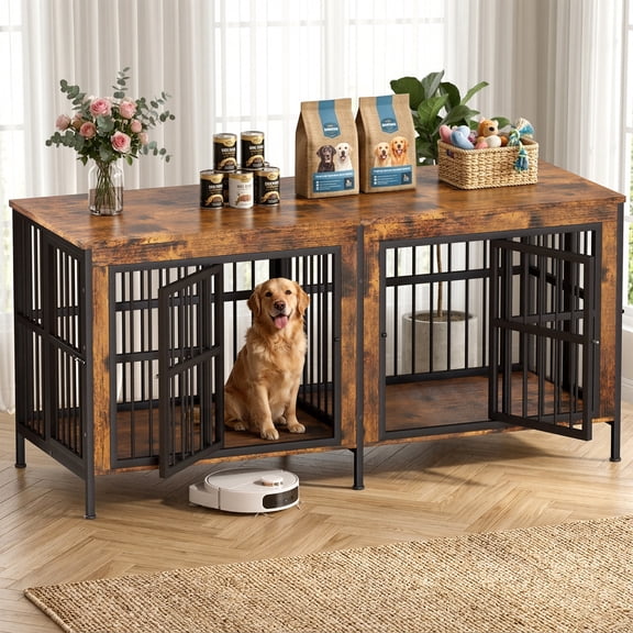 YOKWOK 78 Inch Dog Crate Furniture for Large Dogs with Sturdy Removable Divider, Extra Large Double Doors Dog Kennel Furniture,Thick Wooden Dog cage Furniture, Brown