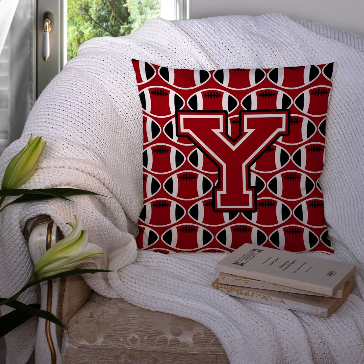Letter Y Football Red, Black and White Fabric Decorative Pillow