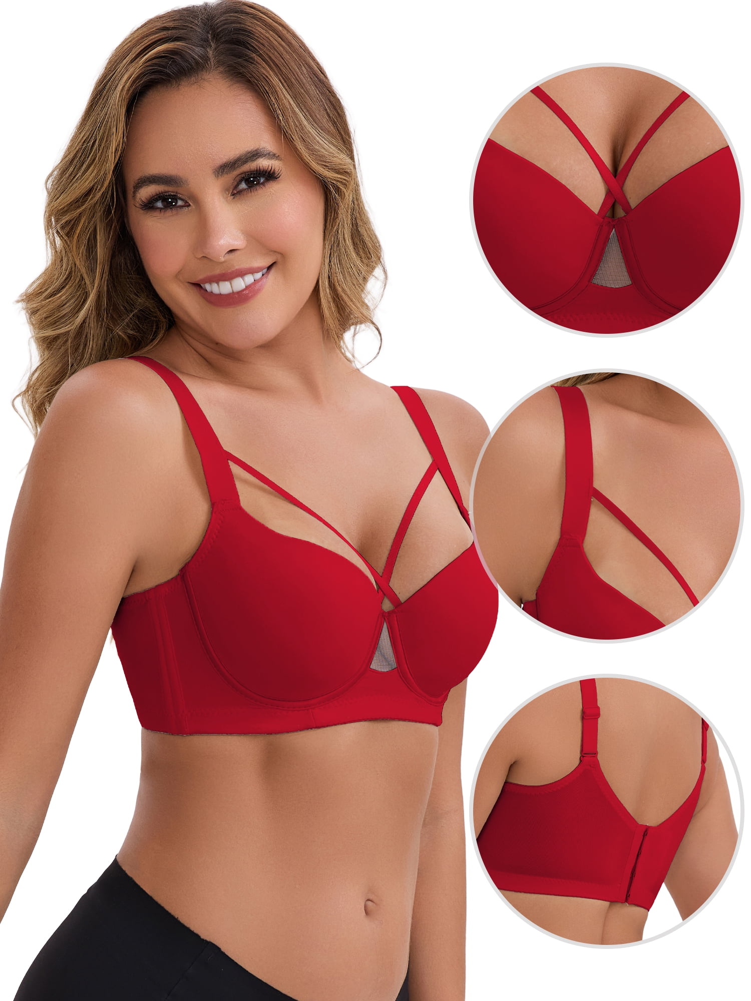 DARING DIVA Women's 3/4 Cup Push-Up Underwire Support Front Cross Lingerie 36B Rose Red