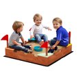 thumbnail image 1 of Qaba Kids Wooden Sandbox, Sand Pit with Flags, 4 Seats, Ground Liner, 1 of 10