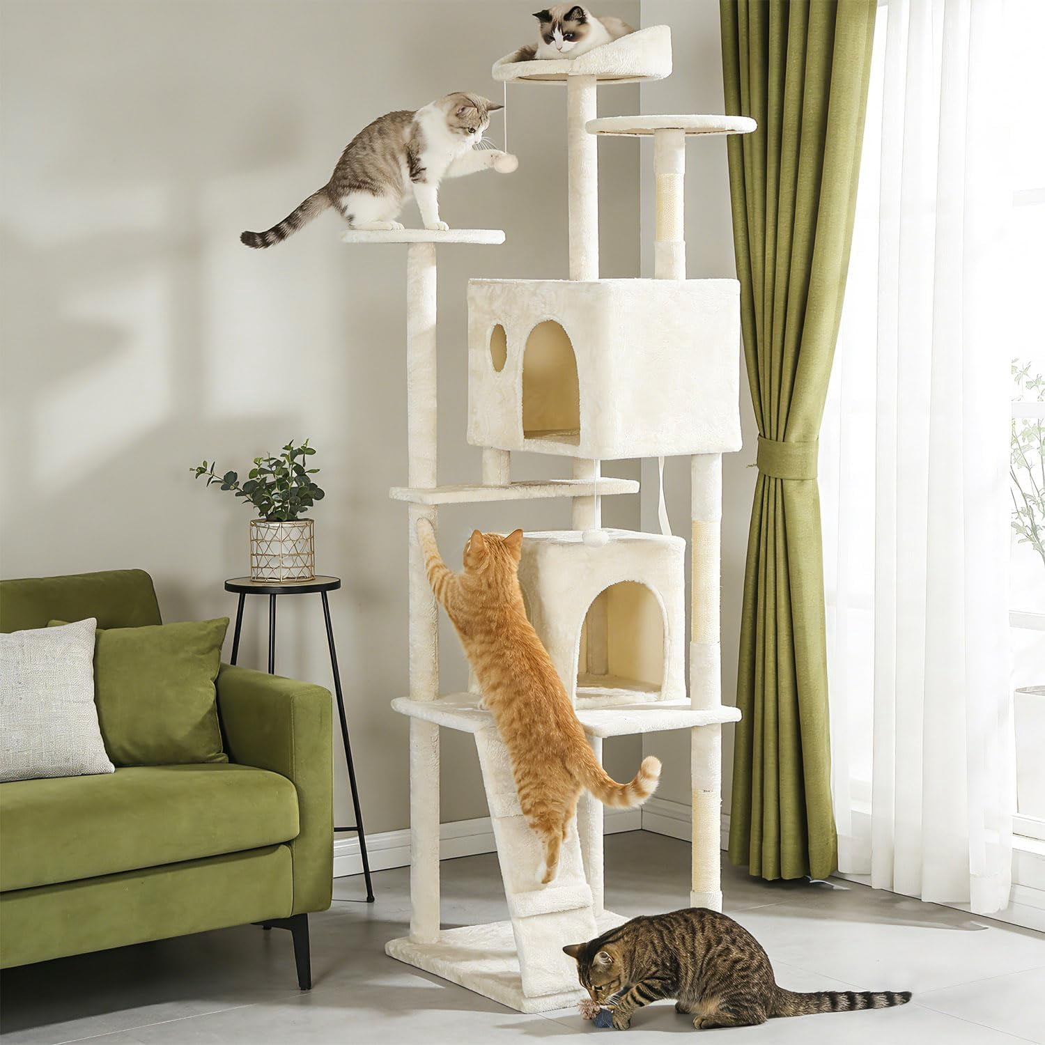 FDW 70 Inch Green Cat Tree Tower, Cat Condo with Scratching Posts & Toys for Indoor Active Cats