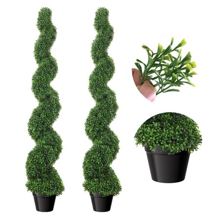 Artificial Boxwood Spiral Topiary Trees, Set of 2, 5 Ft Decorative Faux Greenery, Fake Twisted Plants with PE Leaves, All-Year Green Trees in Cement-Filled Plastic Pot for Office, Outdoor, Balcony