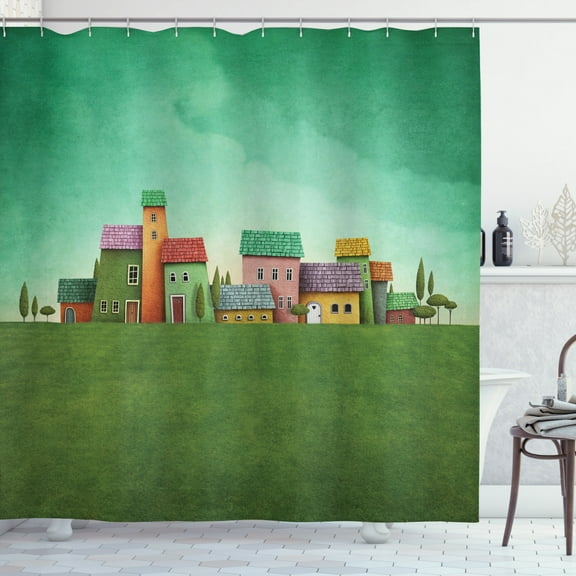 Mural Shower Curtain, A Village of Abstract Shaped Colorful Houses and Bushy Trees on Greenery Grass Field, Fabric Bathroom Set with Hooks, 69W X 70L Inches, Multicolor, by Ambesonne