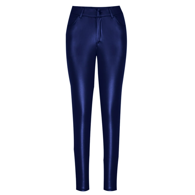 Womens Faux Leather Leggings Stretch High Waisted Pu Leather Pants Elastic  Skinny Pencil Pants Legging Pants (Color : Blue, Size : Large)